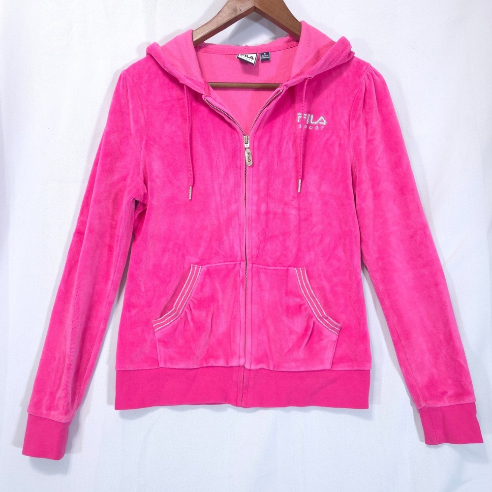 Fila Sport Velour Full Zip Hoodie Womens S Hot Pink Y2K McBling Barbiecore Retro